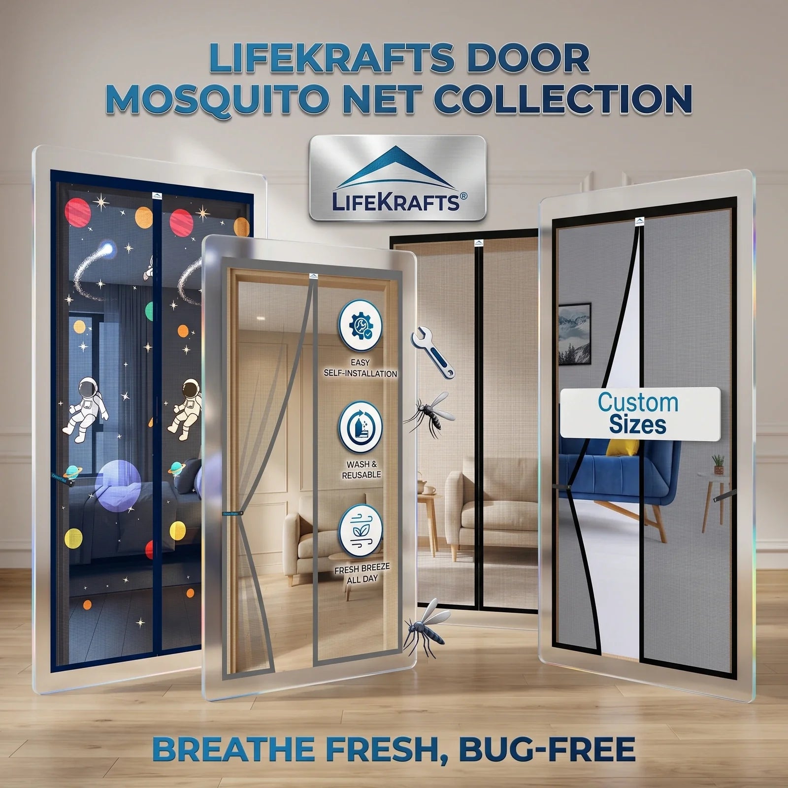 Door mosquito net installed at a residential entrance providing long-term mosquito protection while allowing smooth and frequent movement through the doorway