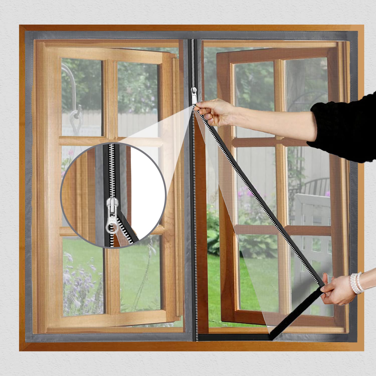 Premium Edition Window Mosquito Net Curtain with Zipper, Fiberglass Net - GREY