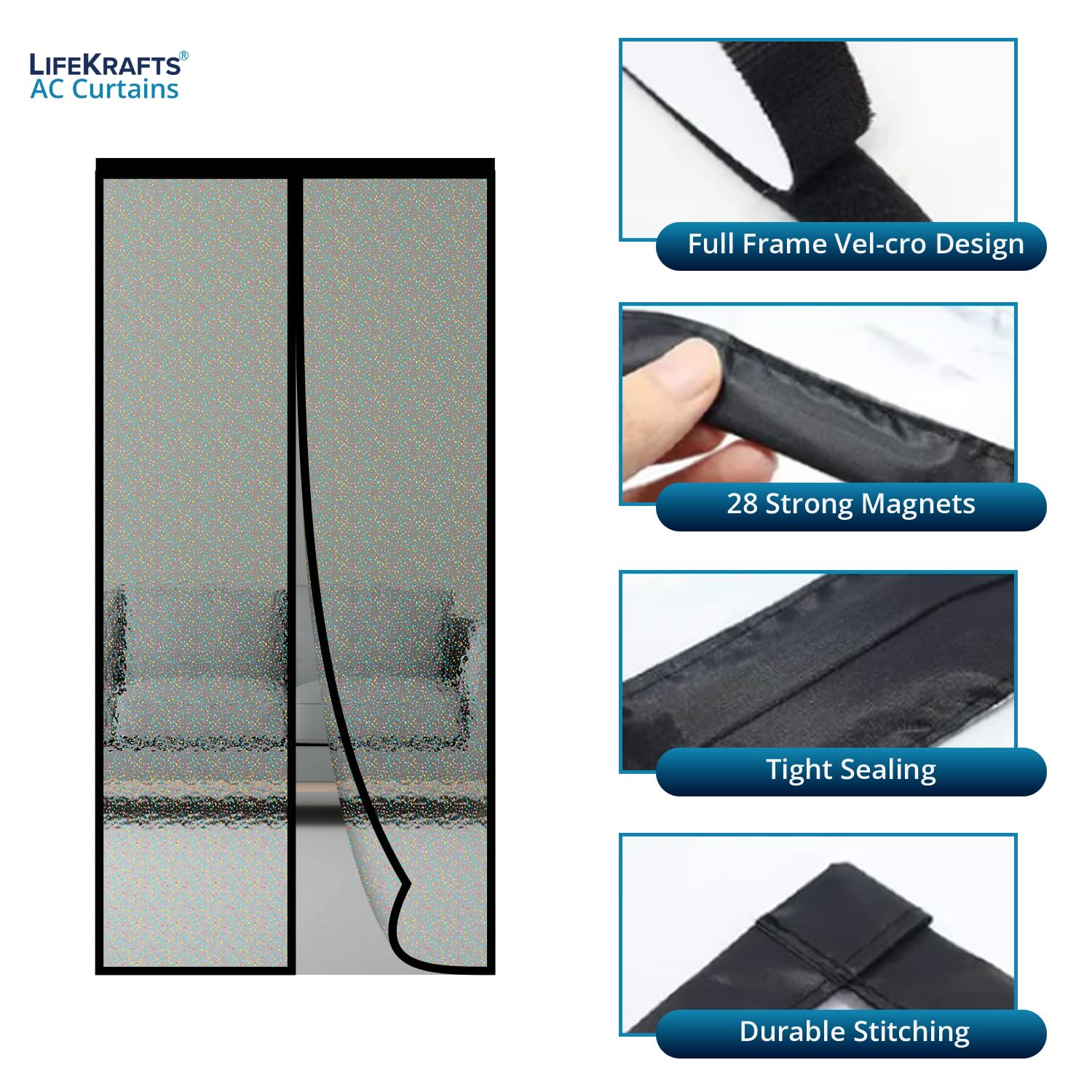 Glitter Translucent Insulated Thermal Magnetic Curtain For AC Room - Black (Standard Sizes) Door net LifeKrafts