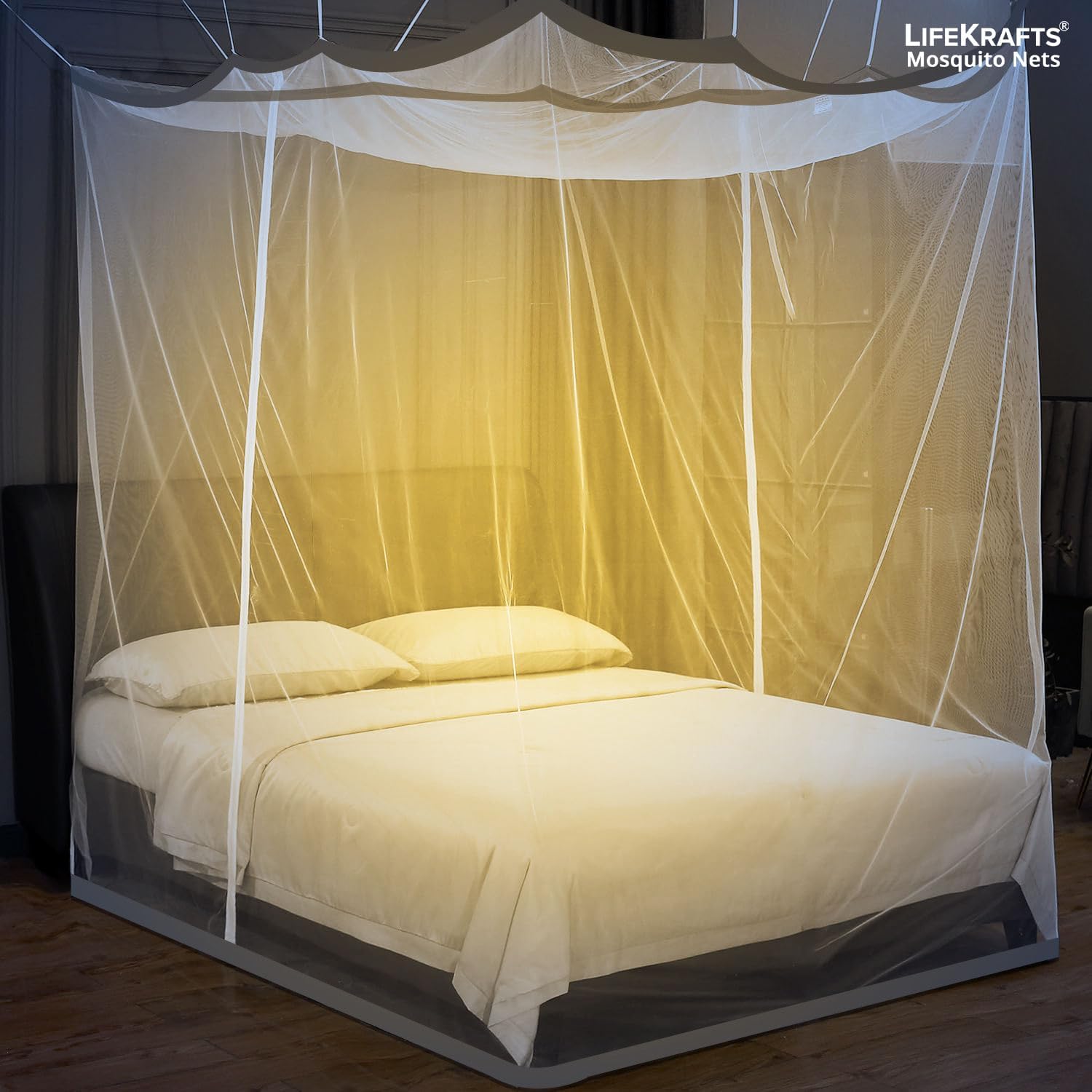 LifeKrafts Bed Mosquito Net – King Size Polyester Machardani (6ft x 6.5ft, White) | Double Zipper Entry | Washable & Durable Net for Peaceful Sleep LifeKrafts
