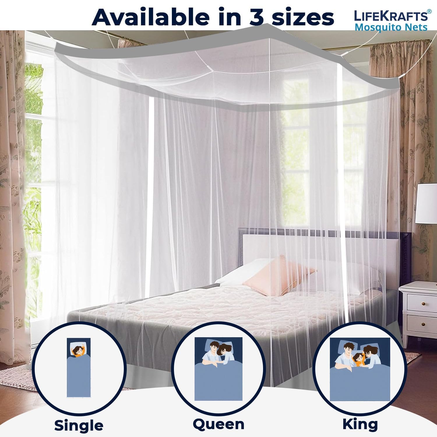 LifeKrafts Bed Mosquito Net – King Size Polyester Machardani (6ft x 6.5ft, White) | Double Zipper Entry | Washable & Durable Net for Peaceful Sleep LifeKrafts