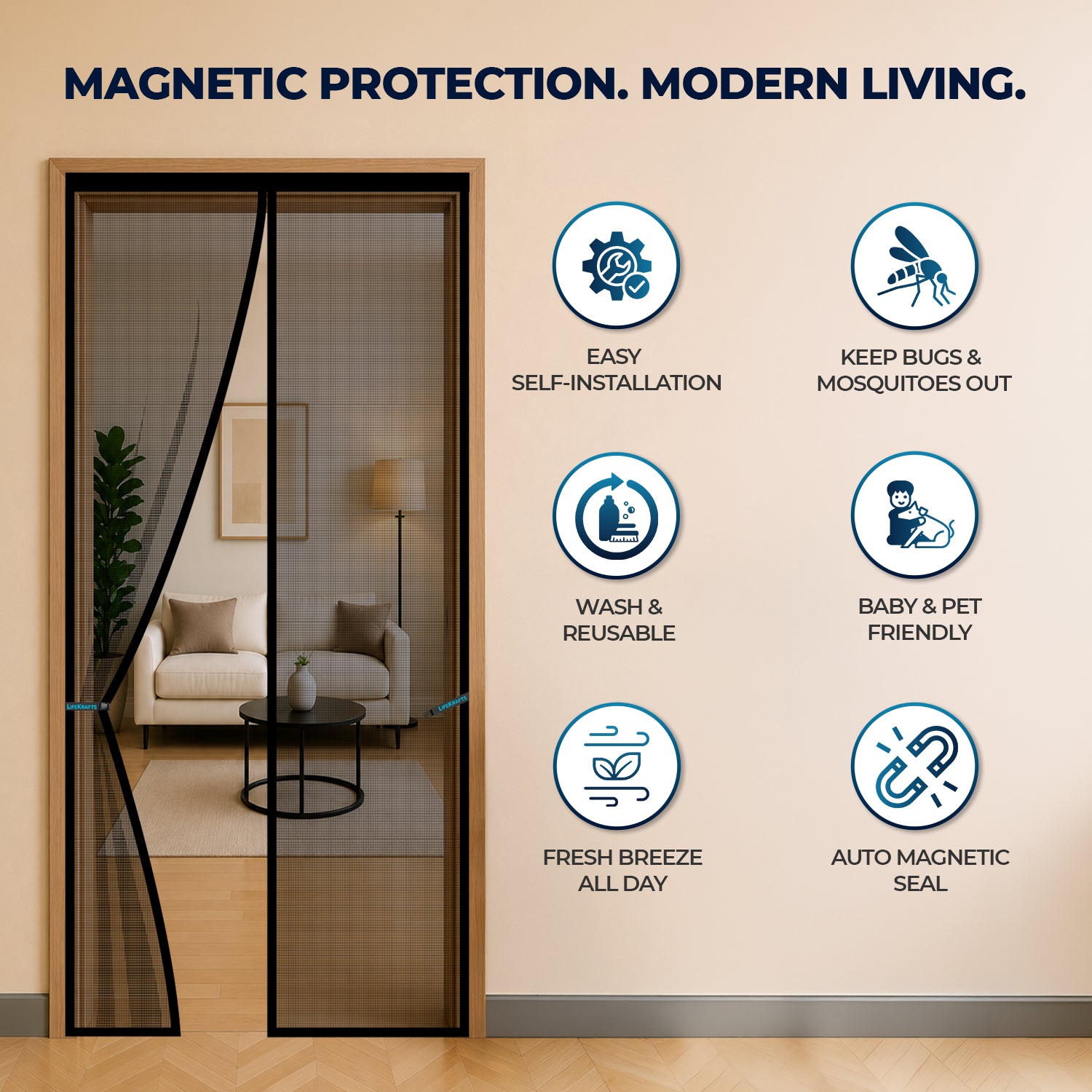 Black magnetic door mosquito net with polyester mesh for insect protection and ventilation