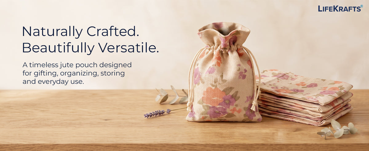 Jute Potli Bags | Adjustable Drawstring Bags | Purple Floral | LifeKrafts