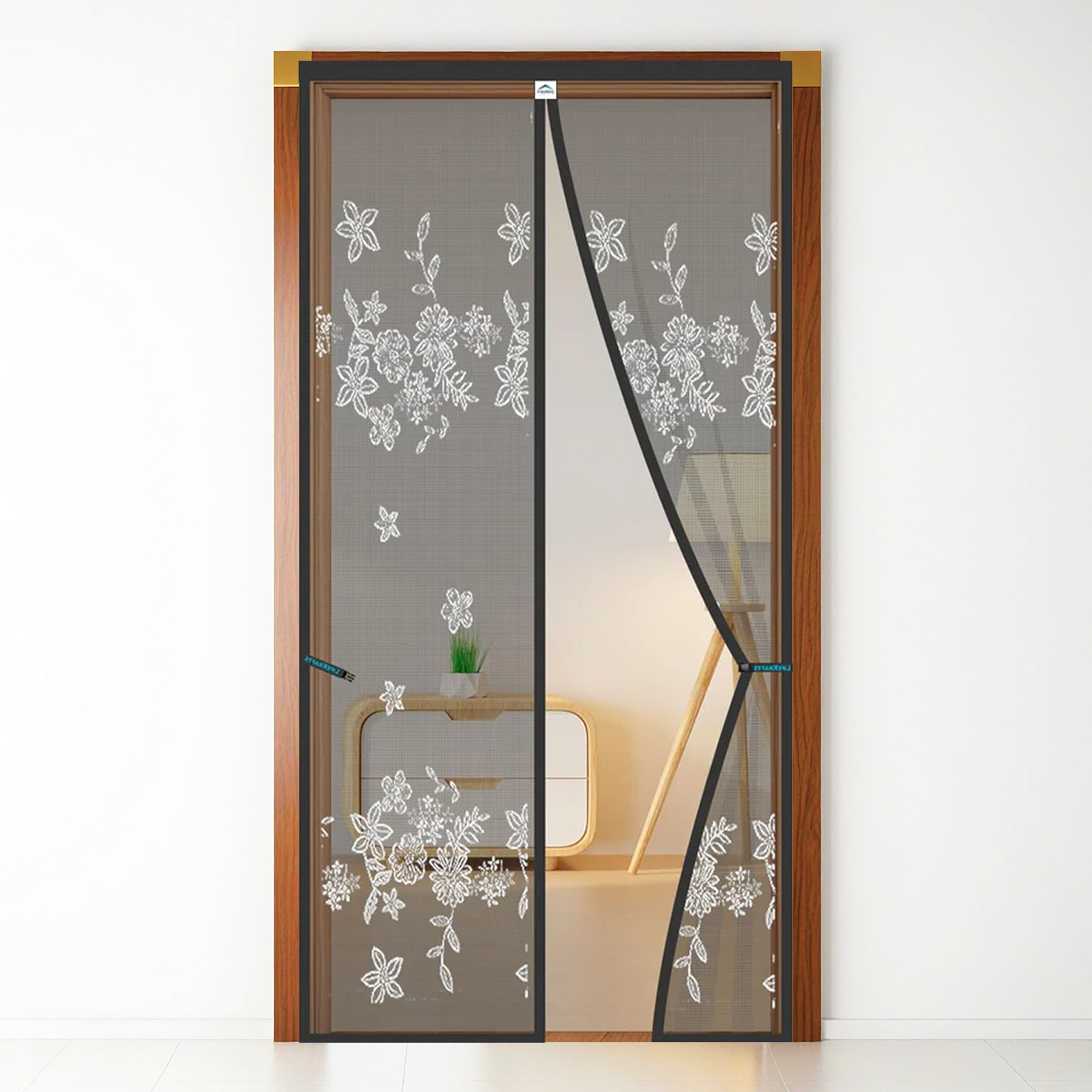Polyester Printed Magnetic Door Mosquito Net – Floral Jacquard Grey Design