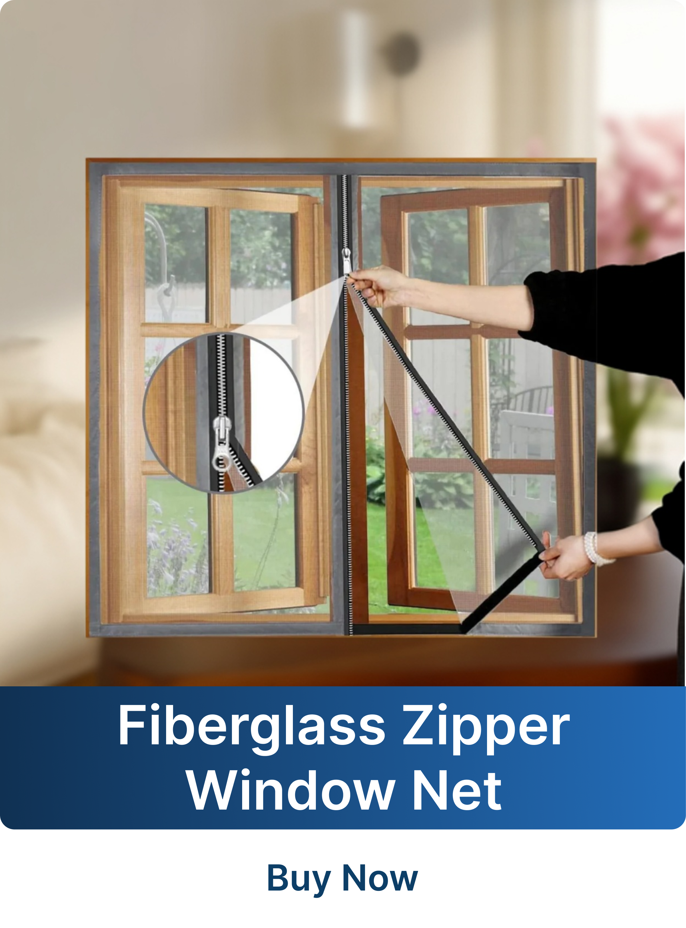 Person installing a fiberglass zipper window net on a window with a blurred background.
