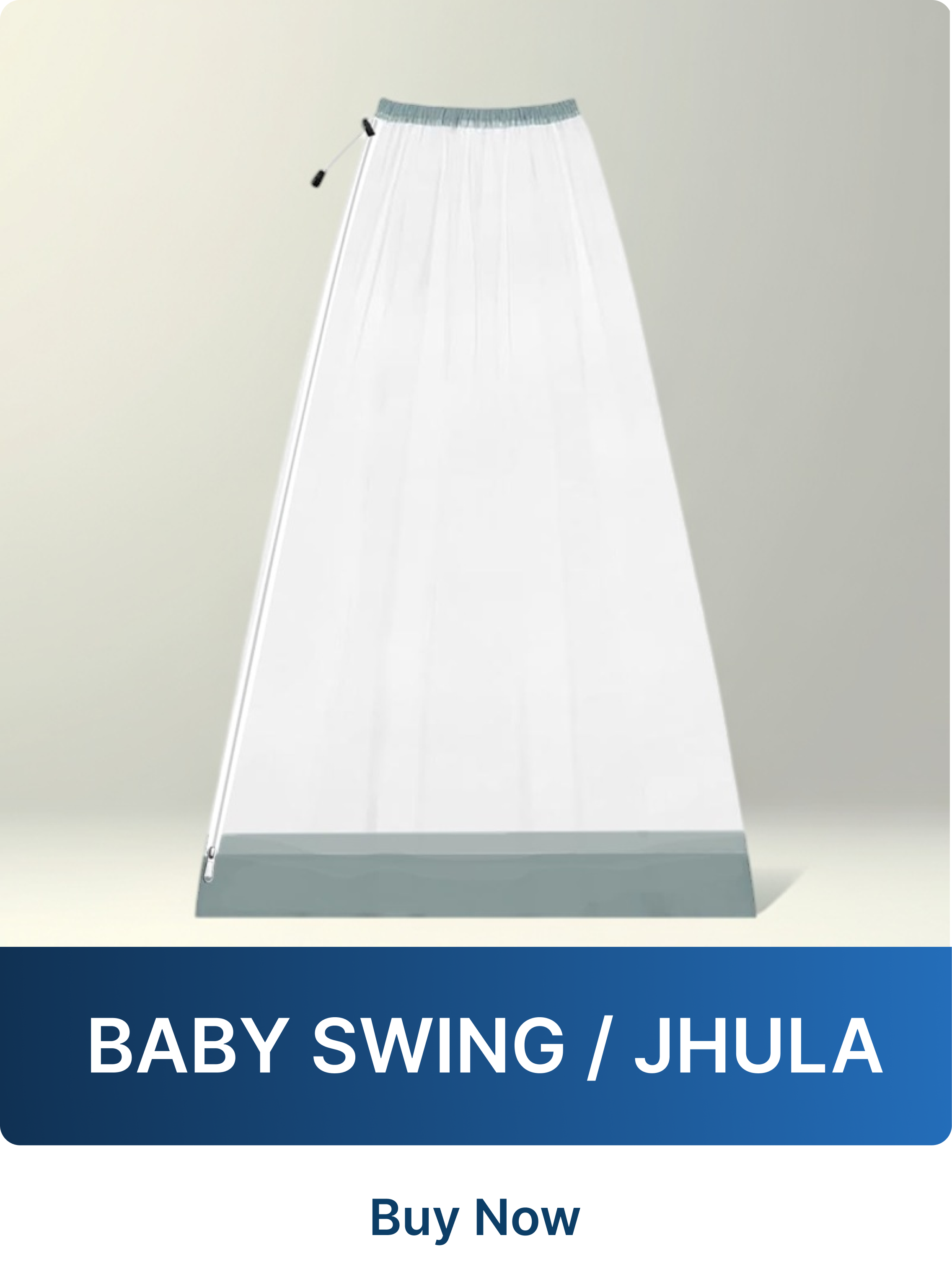 White baby swing with gray accents on a light gray background, labeled 'Baby Swing / Jhula'.