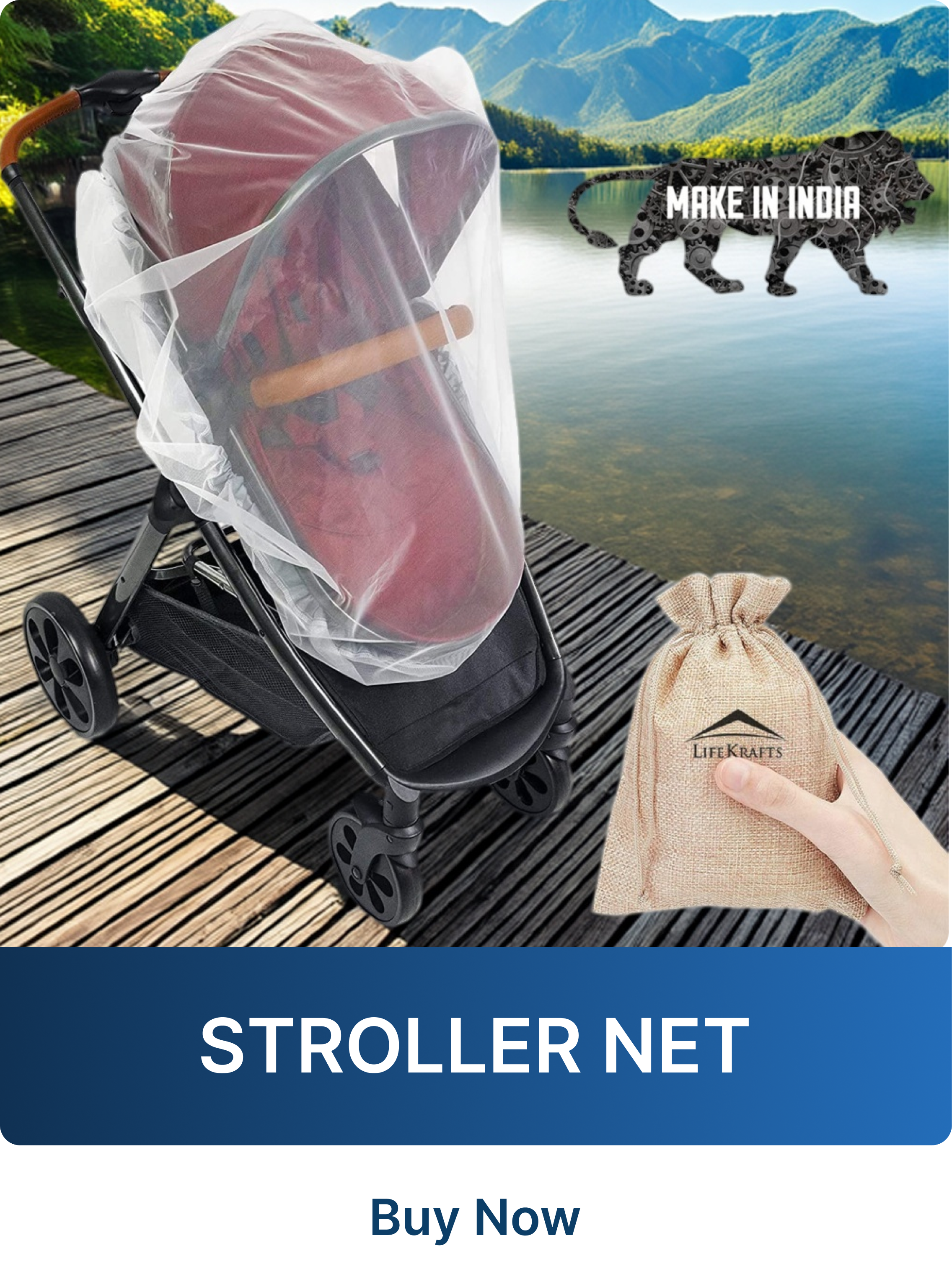 Stroller net with a baby seat on a wooden platform by a lake, with 'Make in India' branding.