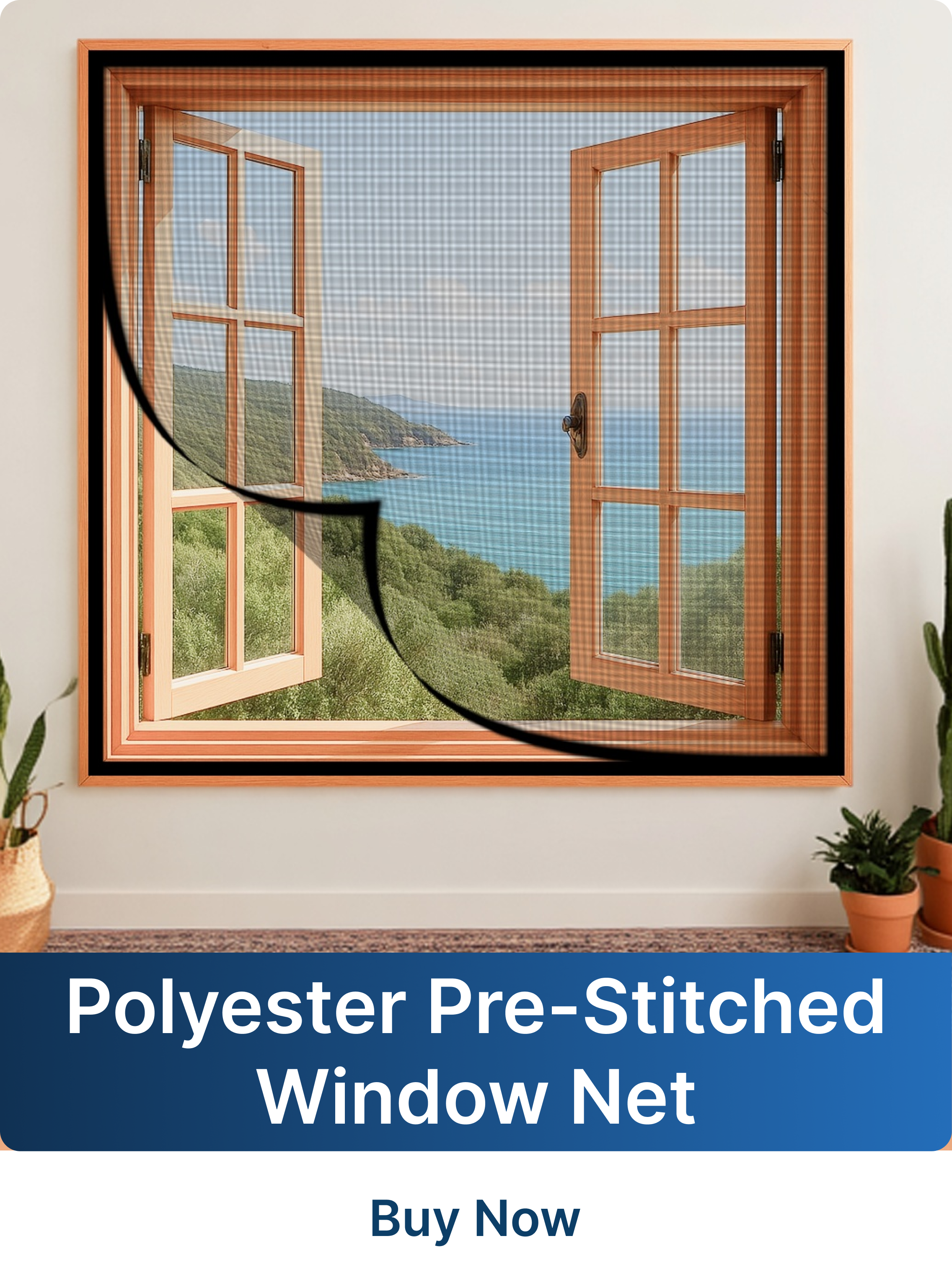 Window with a polyester pre-stitched screen net, scenic view outside.