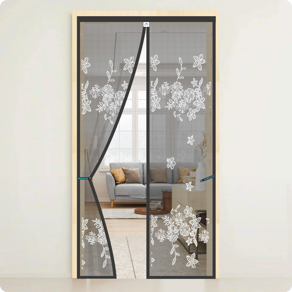 Polyester Printed Magnetic Door Mosquito Net – Floral Jacquard Grey Design