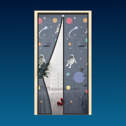 Decorative magnetic screen door with space-themed design featuring astronauts and planets.