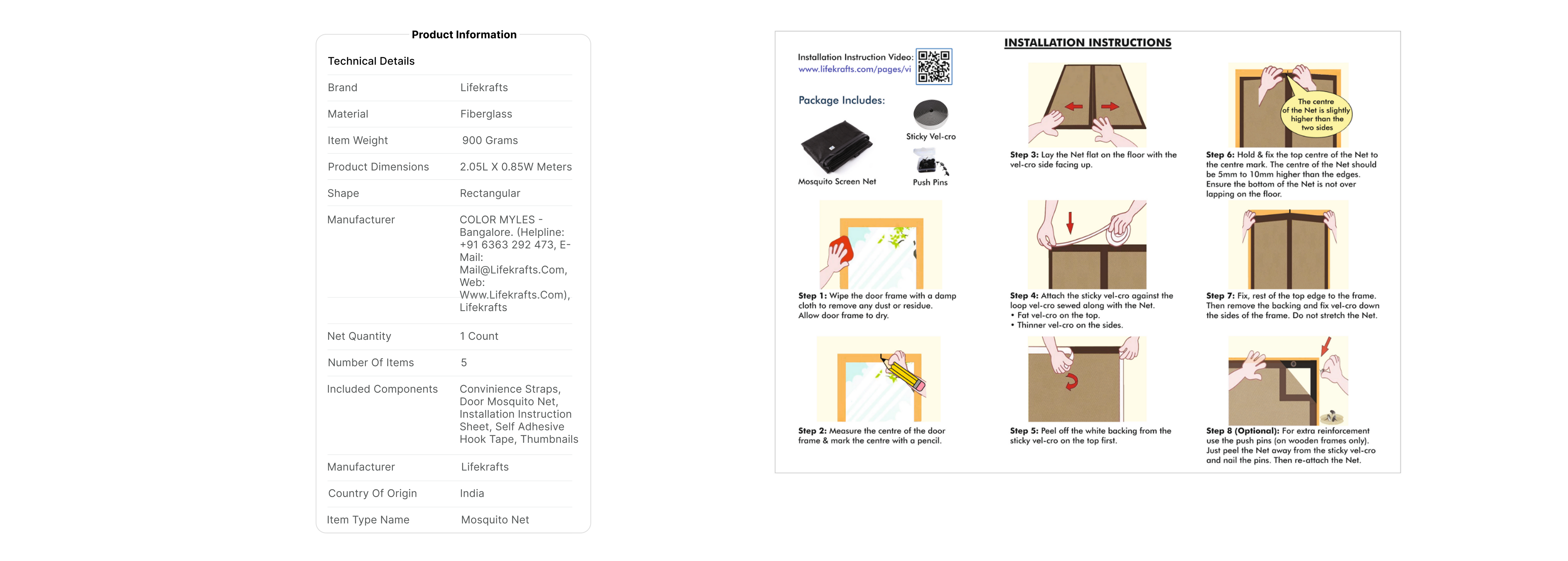Product packaging with specifications and assembly instructions on a white background