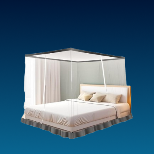Bed with a mosquito net on a blue background