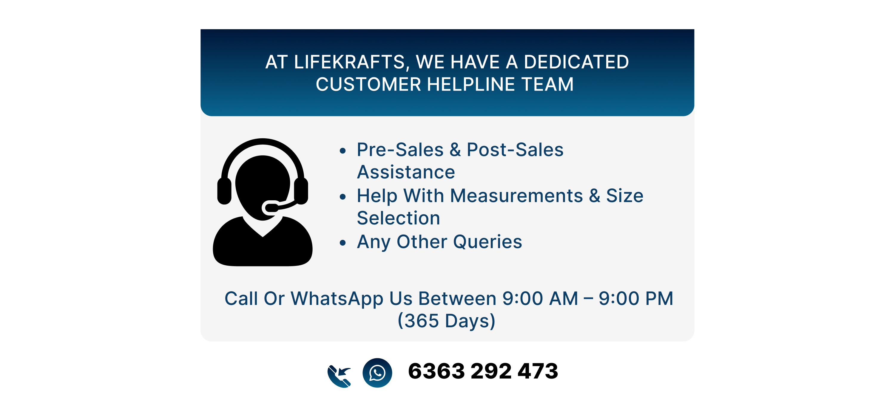 Lifekrafts customer helpline information with contact details on a white background
