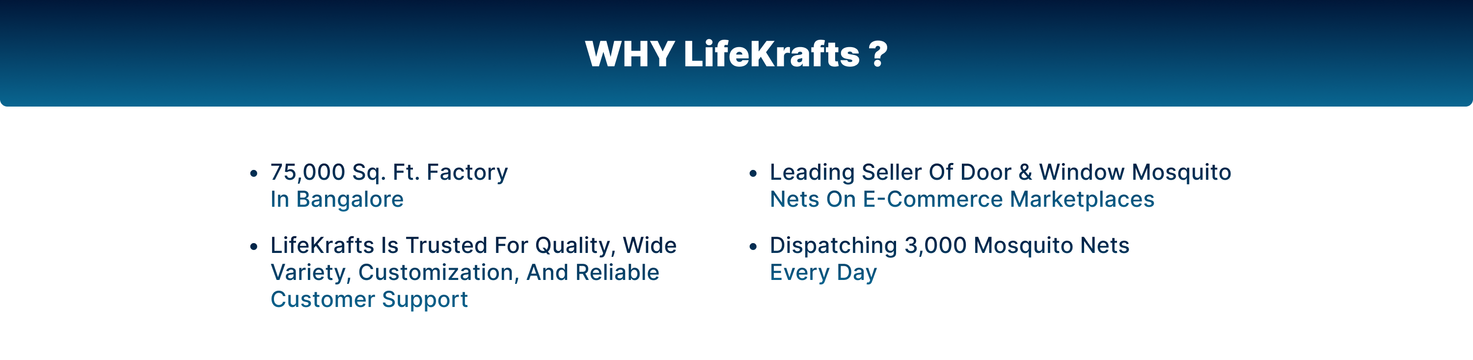 Promotional text about LifeKrafts' factory, products, and services on a blue background