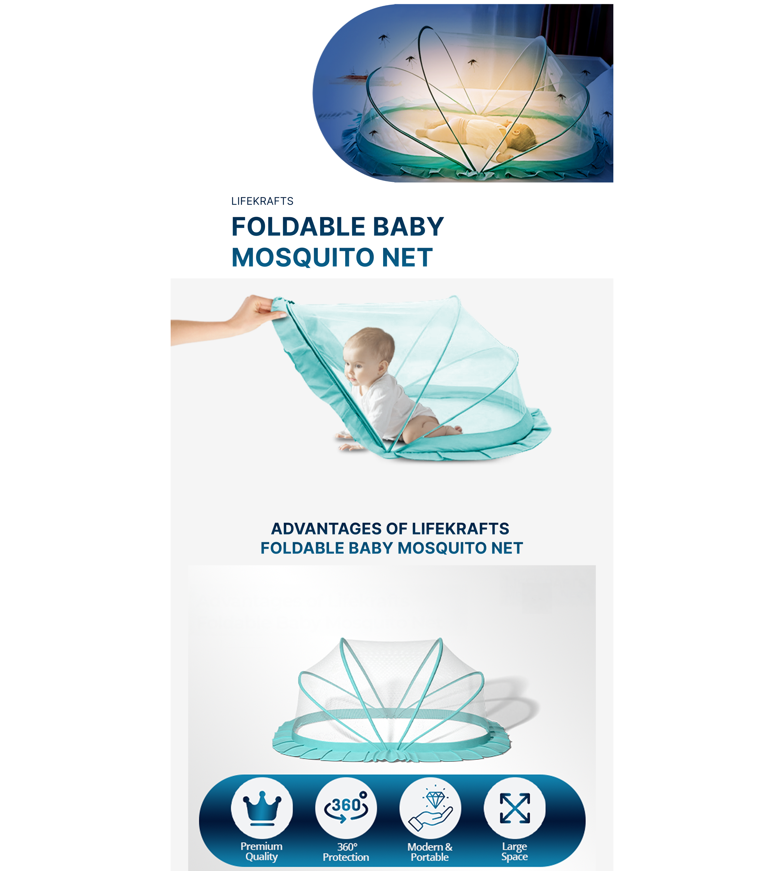 LifeKrafts foldable baby mosquito net with a baby inside, displayed on a white background.