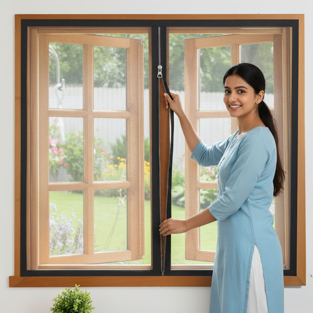 Premium Edition Window Mosquito Net Curtain with Zipper | lifekrafts mosquito net for windows | Fiberglass Net - Black