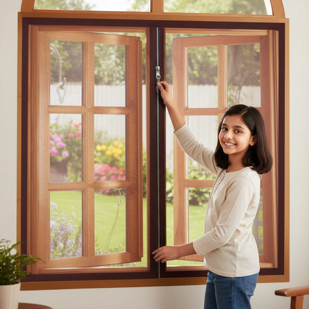 Premium Edition Window Mosquito Net Curtain with Zipper | lifekrafts mosquito net for windows | Fiberglass Net - Brown LifeKrafts