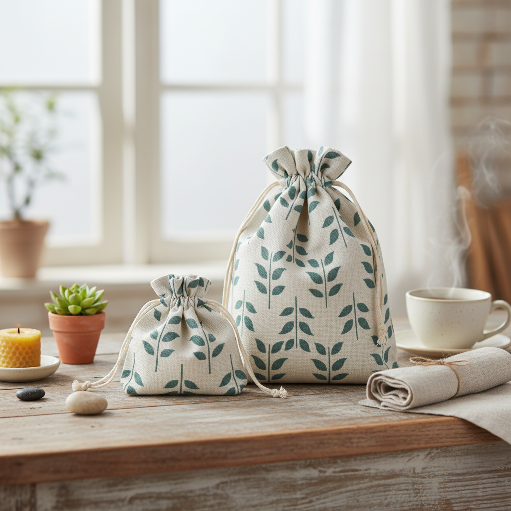 LifeKrafts Linen Jute Pouches | Leaf Design | Drawstring Gift Bags for Return Gifts, Crafts, Jewellery, Favors, Weddings, Storage, Hampers, Packaging, Parties