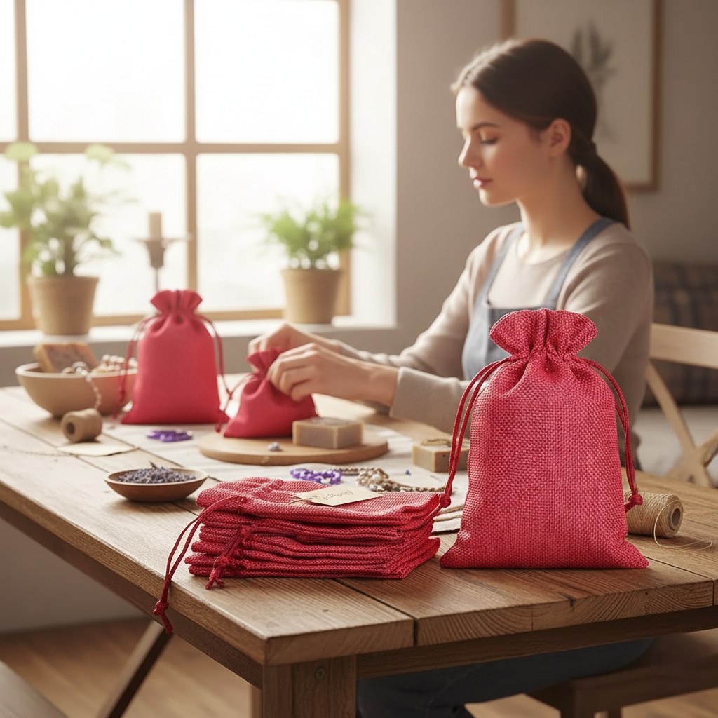 Jute Pouches | Adjustable Linen Pouches | Dark Pink | 10x10cm Pack of 10 LifeKrafts