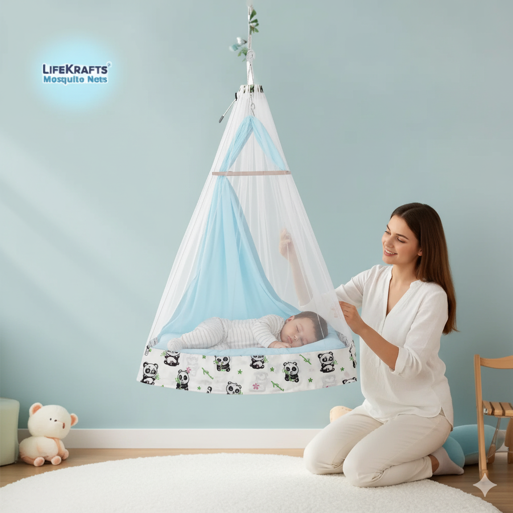 Mosquito Net for Baby Swing-Jhula | Side Zip Opening | Lightweight Polyester Mesh | Panda Print Border | 160cm x 100cm | White LifeKrafts