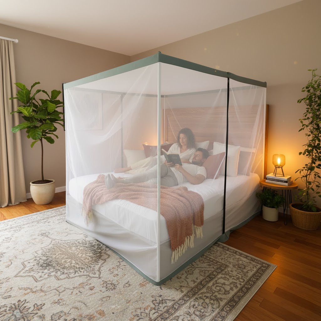 Lifekrafts Polycotton Two-Way Zipper Bed Mosquito Net with Stand and Attachable Frame, Premium Net for Indoor and Outdoor Usage , White Color with Green Border LifeKrafts