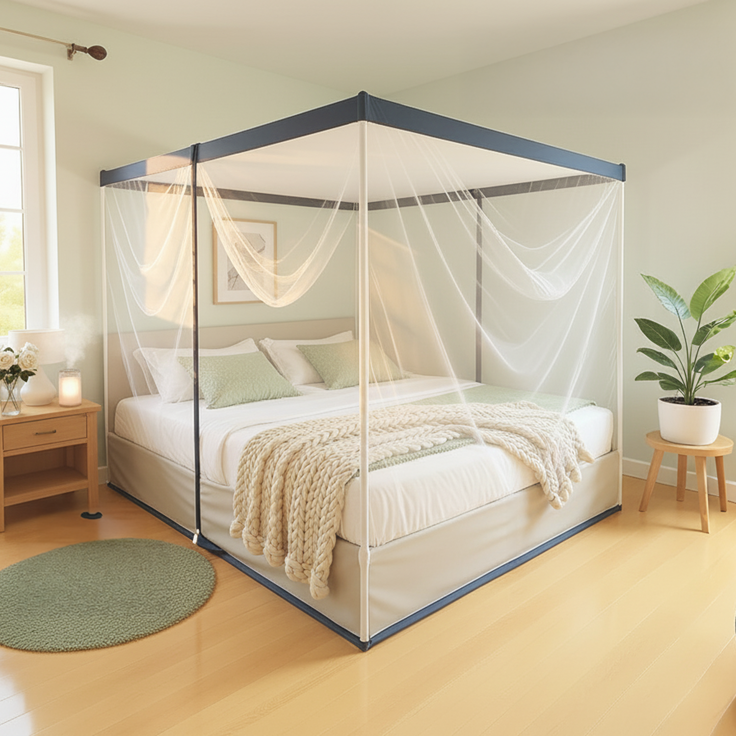 Lifekrafts Polycotton Two-Way Zipper Bed Mosquito Net with Stand and Attachable Frame, Premium Net for Indoor and Outdoor Usage , White Color with Green Border LifeKrafts