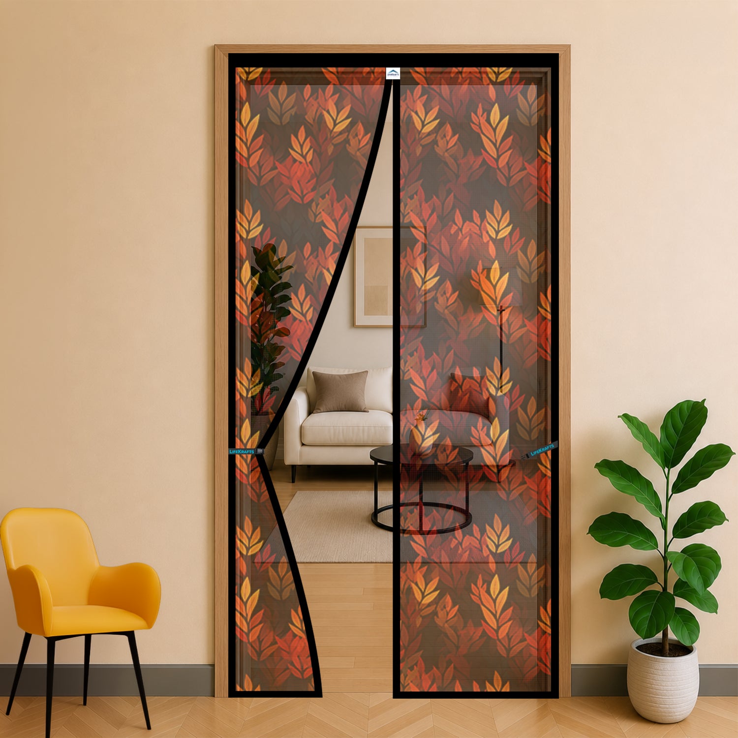 Mosquito Net for Door | Designer Polyester Net | Black Leaf Design | LifeKrafts