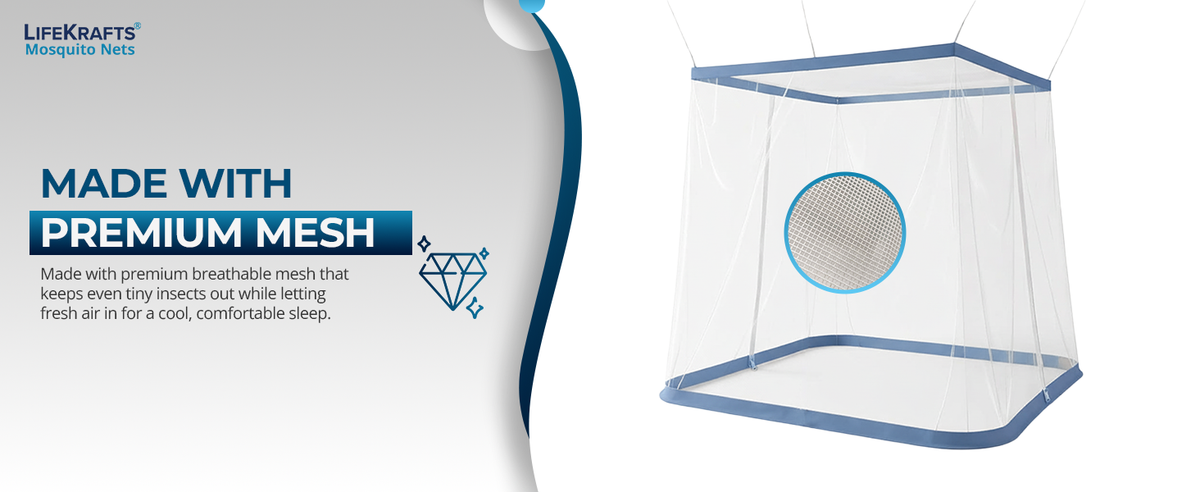Mosquito Net for Bed | Hanging Net | Polyester | Machardani | Double Zipper Entry | Elegant White with Blue Border