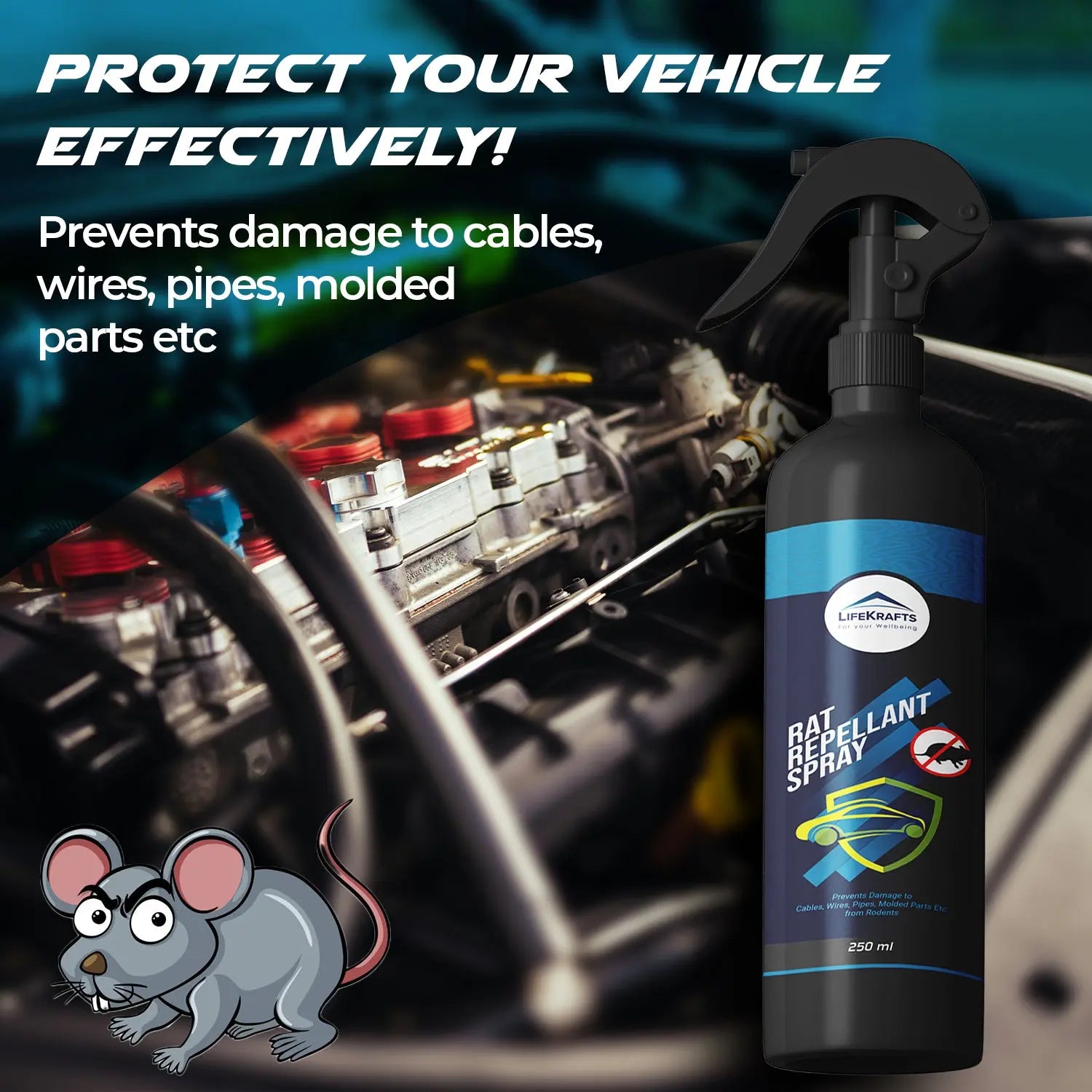 Roll over image to zoom in Lifekrafts No Entry Rat Repellent Spray for Cars - Highly Effective, Odour-Free, Easy-to-Use (250ml, Pack of 1) LifeKrafts