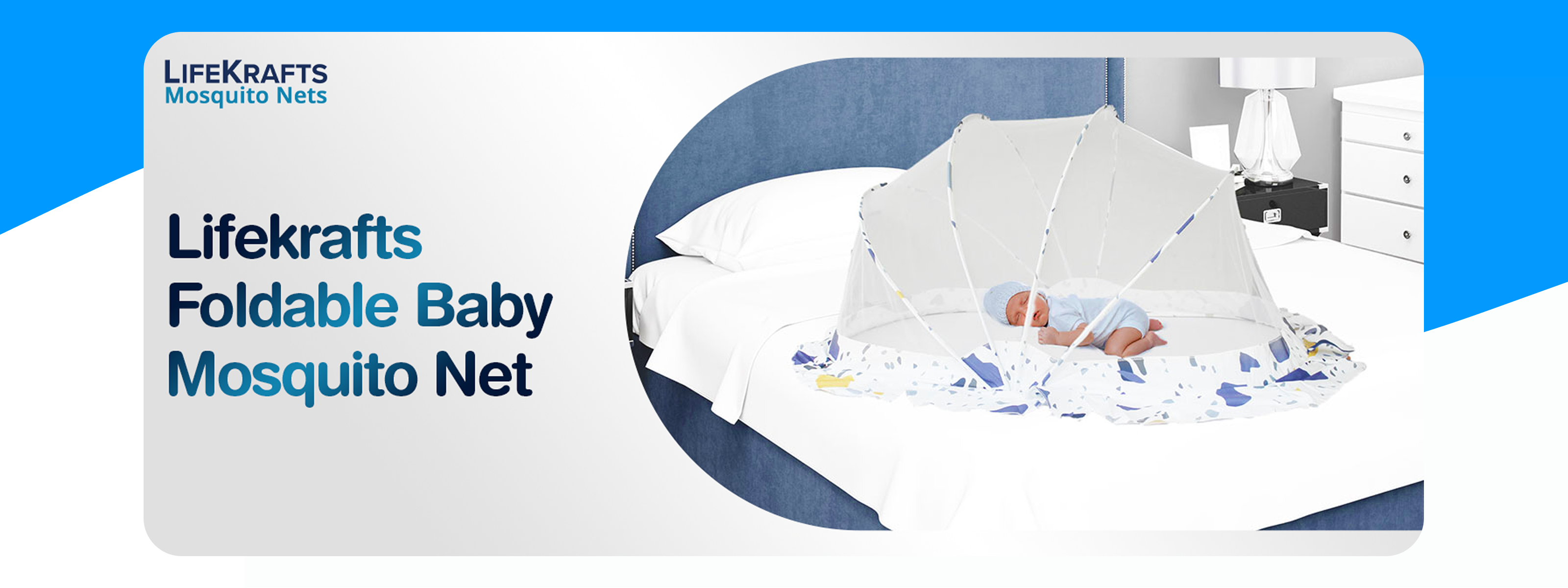 LifeKrafts foldable baby mosquito net packaging with a bed and baby illustration on a blue background.