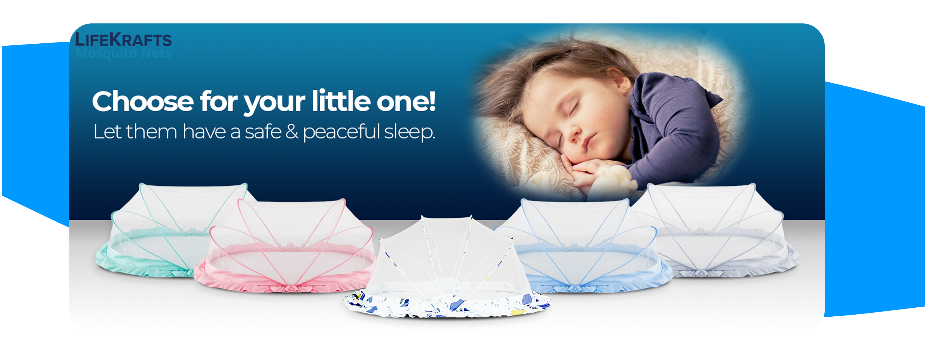 LifeKrafts baby bedding with a child sleeping, featuring text 'Choose for your little one! Let them have a safe & peaceful sleep.'.