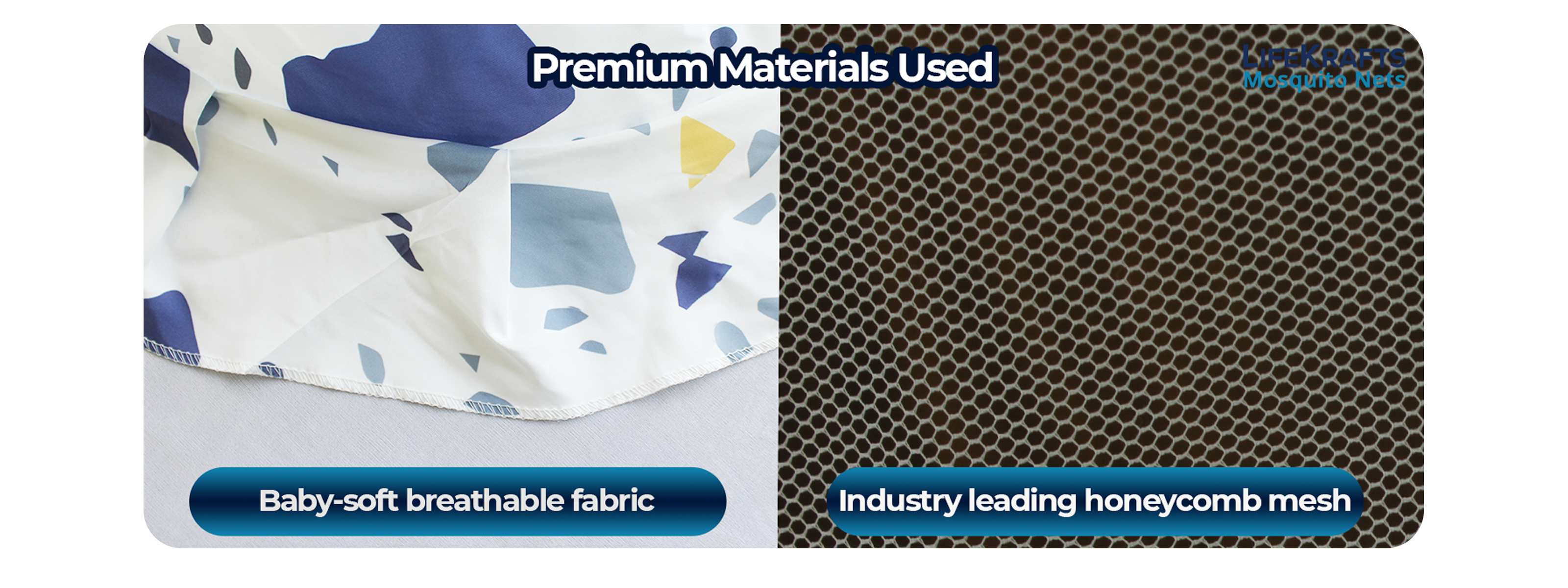Fabric and honeycomb mesh with text on premium materials used in products.