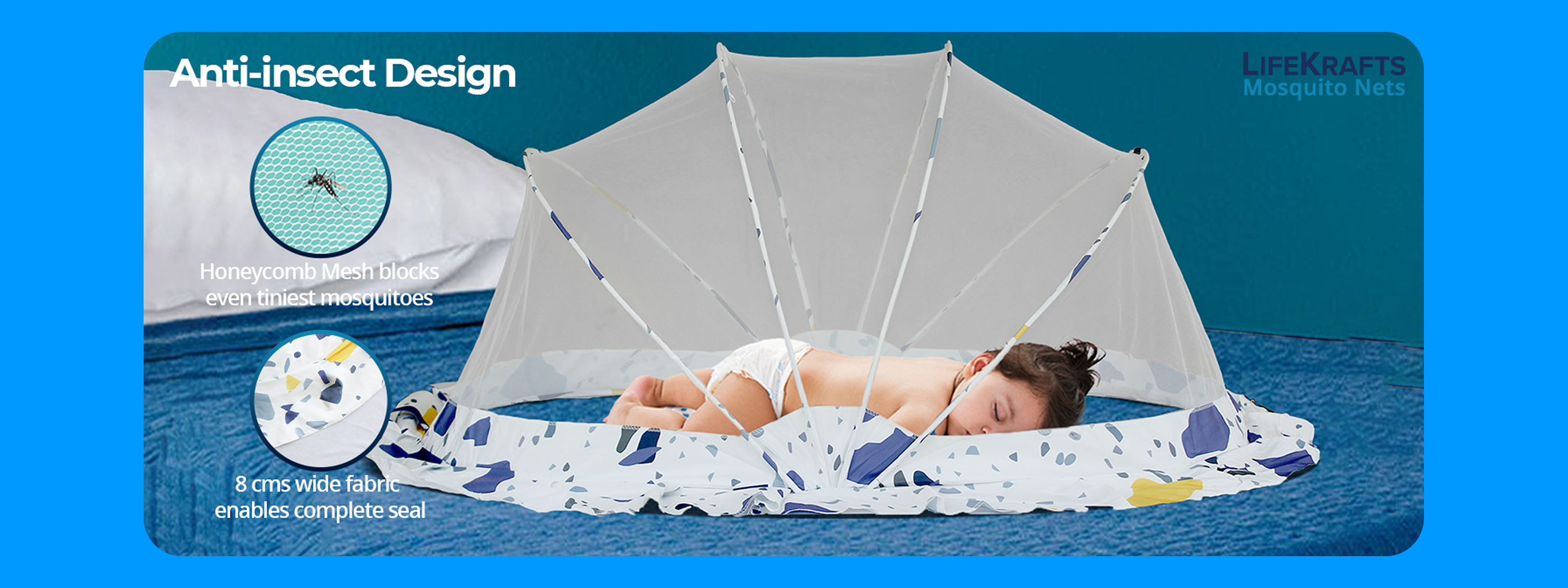 Baby sleeping on a mattress with an anti-insect design canopy, branded as Life Kraft.