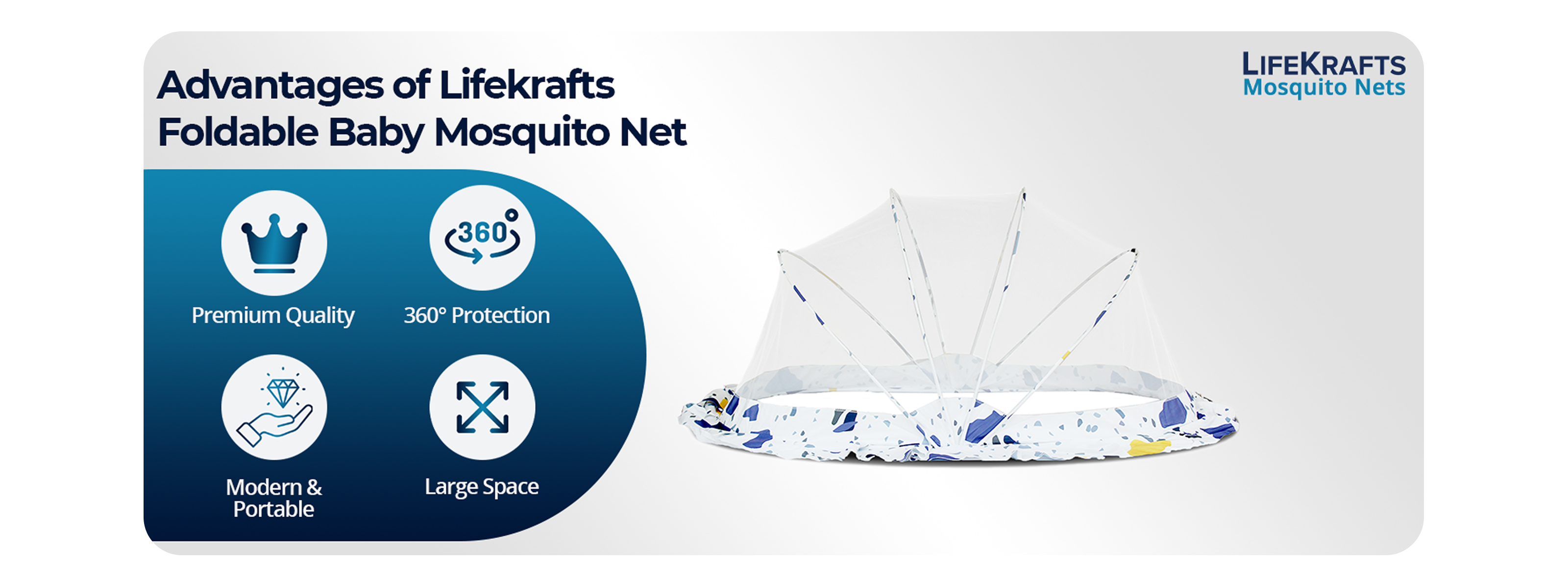 LifeKrafts foldable baby mosquito net packaging with features highlighted