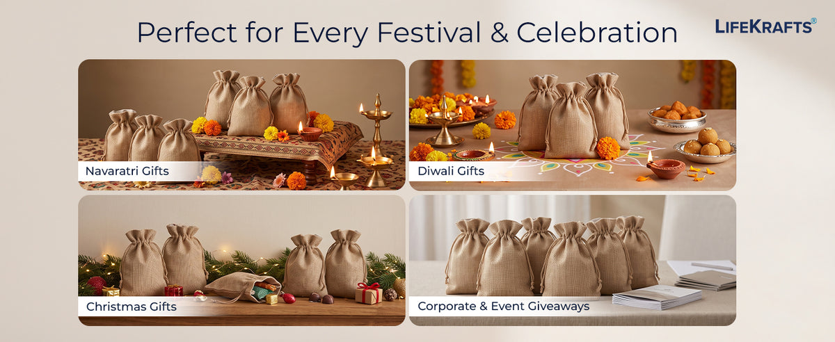 Jute Potli Bags | Adjustable Drawstring Bags | Brown | LifeKrafts