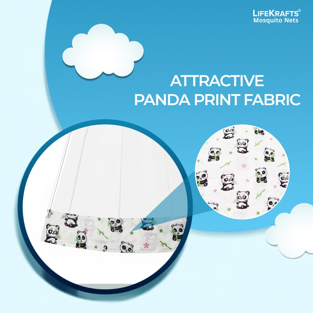 LifeKrafts Mosquito Net for Baby Swing/Jhula | Cradle Net with Side Zip Opening | Lightweight Polyester Mesh Fits Indian-Style Hanging Cradle | White with Panda Print Border LifeKrafts