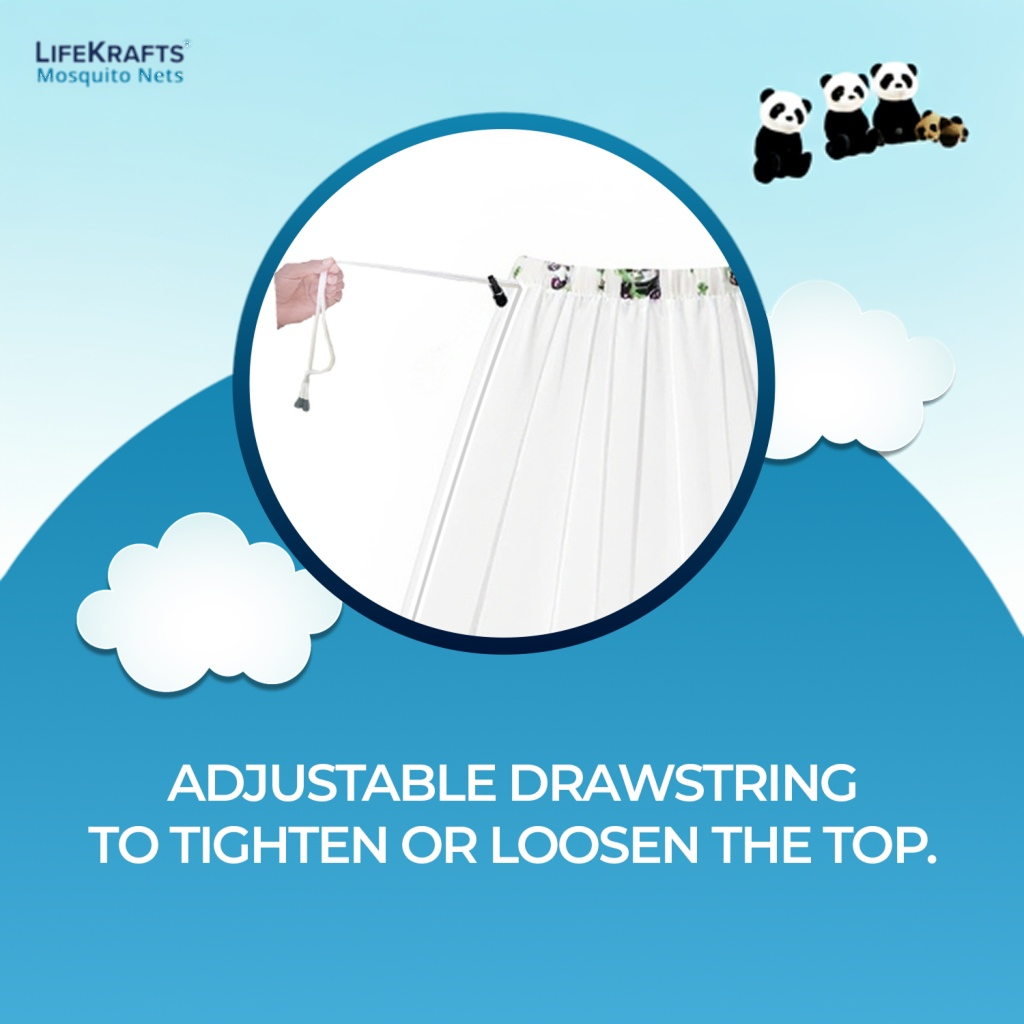 LifeKrafts Mosquito Net for Baby Swing/Jhula | Cradle Net with Side Zip Opening | Lightweight Polyester Mesh Fits Indian-Style Hanging Cradle | White with Panda Print Border LifeKrafts