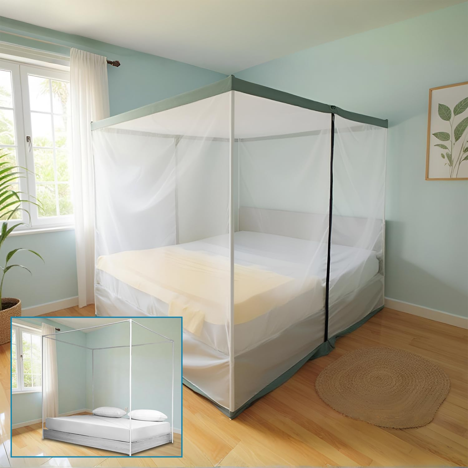 Polycotton Two-Way Zipper Bed Mosquito Net with Stand and Attachable Frame