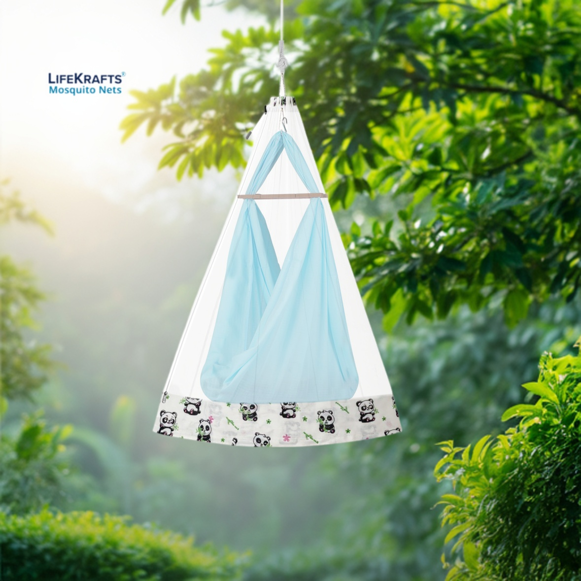 LifeKrafts Mosquito Net for Baby Swing/Jhula | Cradle Net with Side Zip Opening | Lightweight Polyester Mesh Fits Indian-Style Hanging Cradle | White with Panda Print Border LifeKrafts