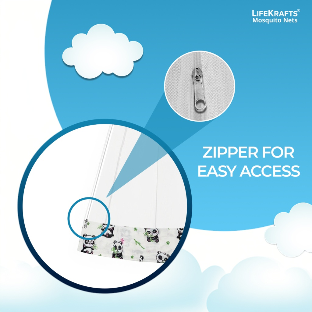 LifeKrafts Mosquito Net for Baby Swing/Jhula | Cradle Net with Side Zip Opening | Lightweight Polyester Mesh Fits Indian-Style Hanging Cradle | White with Panda Print Border LifeKrafts