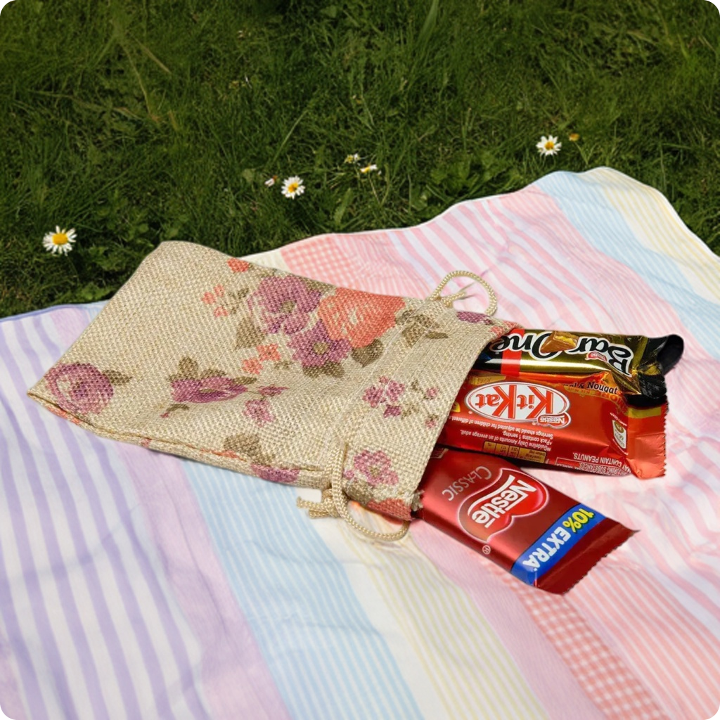 LifeKrafts Linen Jute Pouches | Purple Floral | Adjustable Drawstring Bags for Weddings, Return Gifts, Parties, Jewellery, Storage, Crafts, Favors, Hampers LifeKrafts