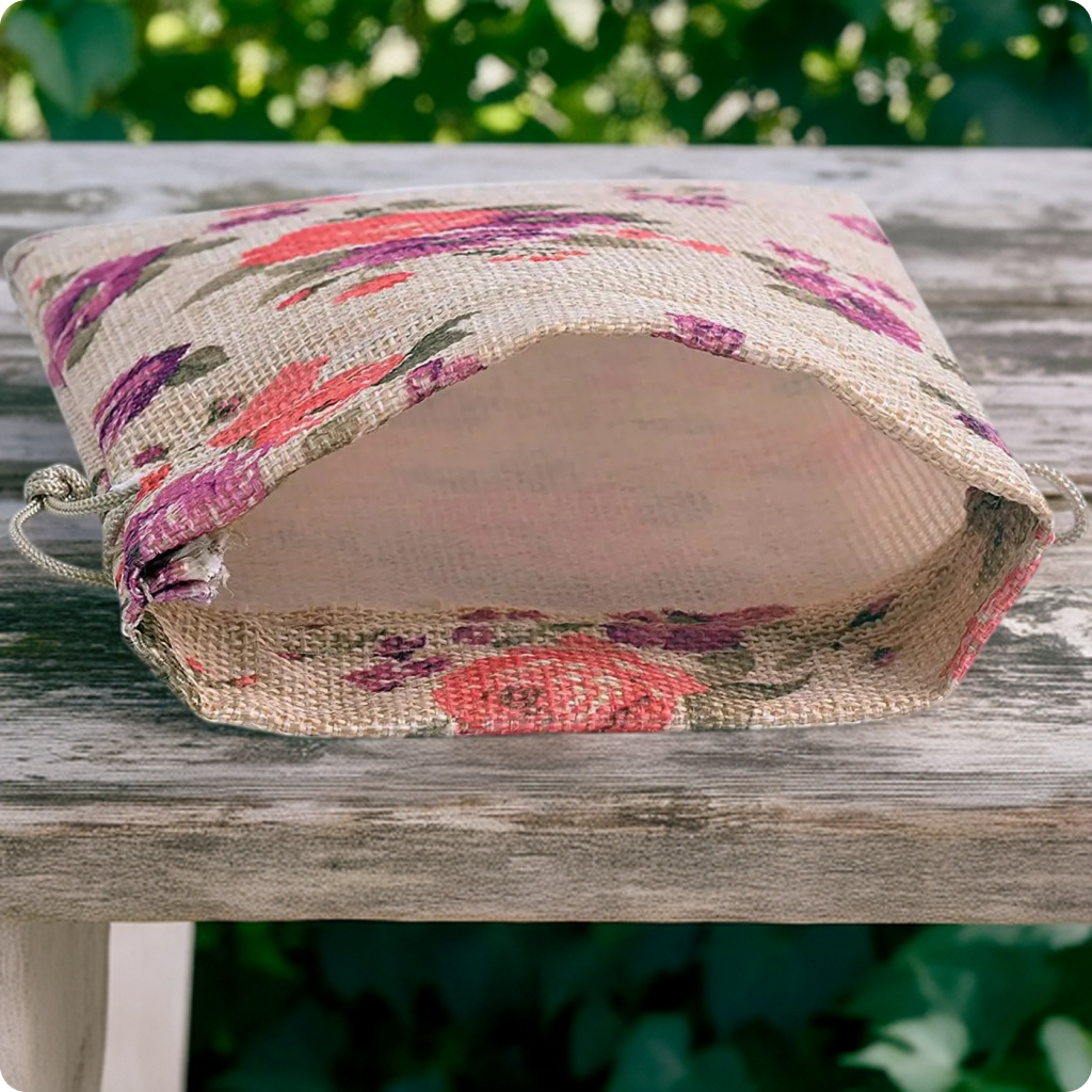 LifeKrafts Linen Jute Pouches | Purple Floral | Adjustable Drawstring Bags for Weddings, Return Gifts, Parties, Jewellery, Storage, Crafts, Favors, Hampers LifeKrafts