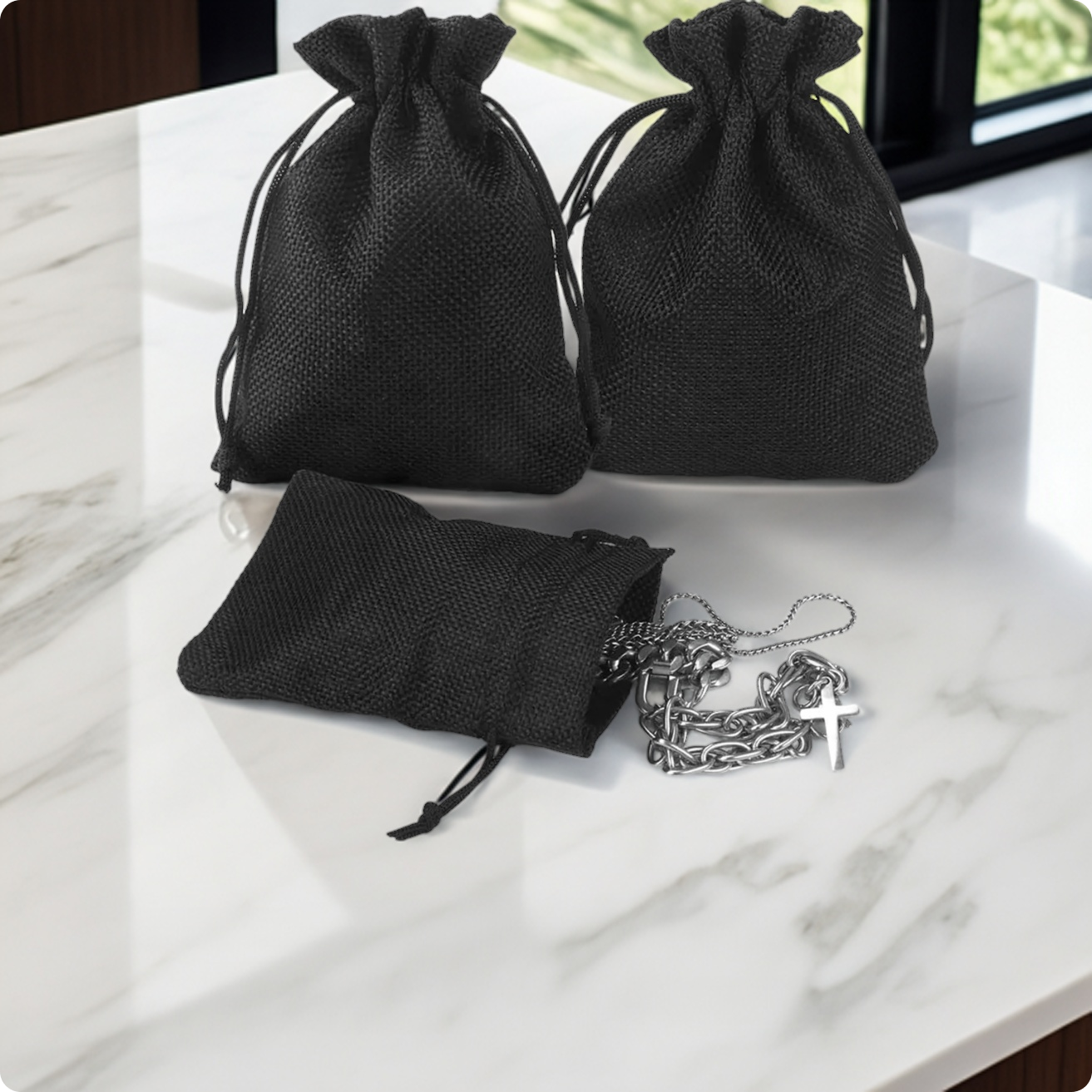 Jute Linen Pouches for Functions, Baby Showers, Candy Bags - Black