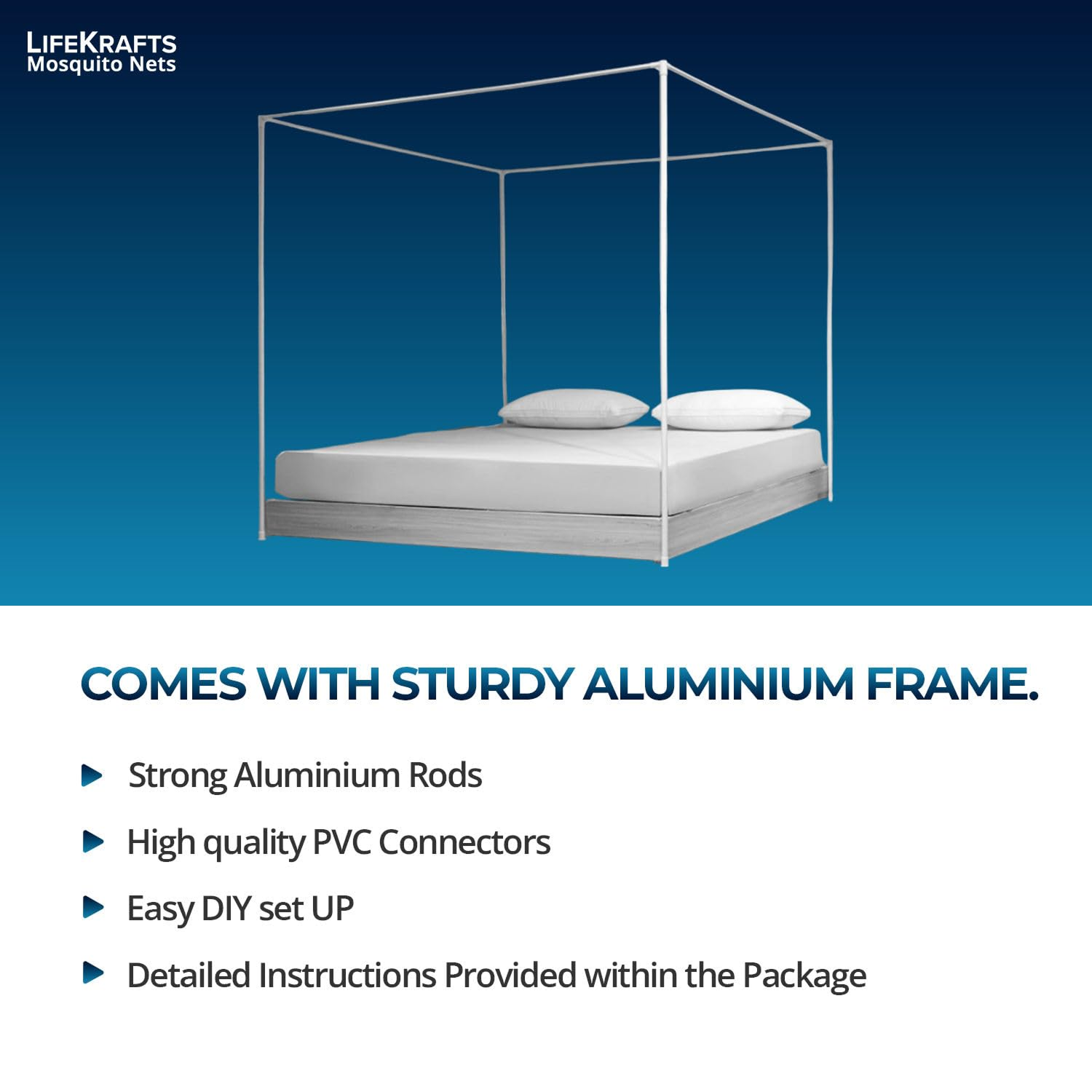 Polycotton Two-Way Zipper Bed Mosquito Net with Stand and Attachable Frame