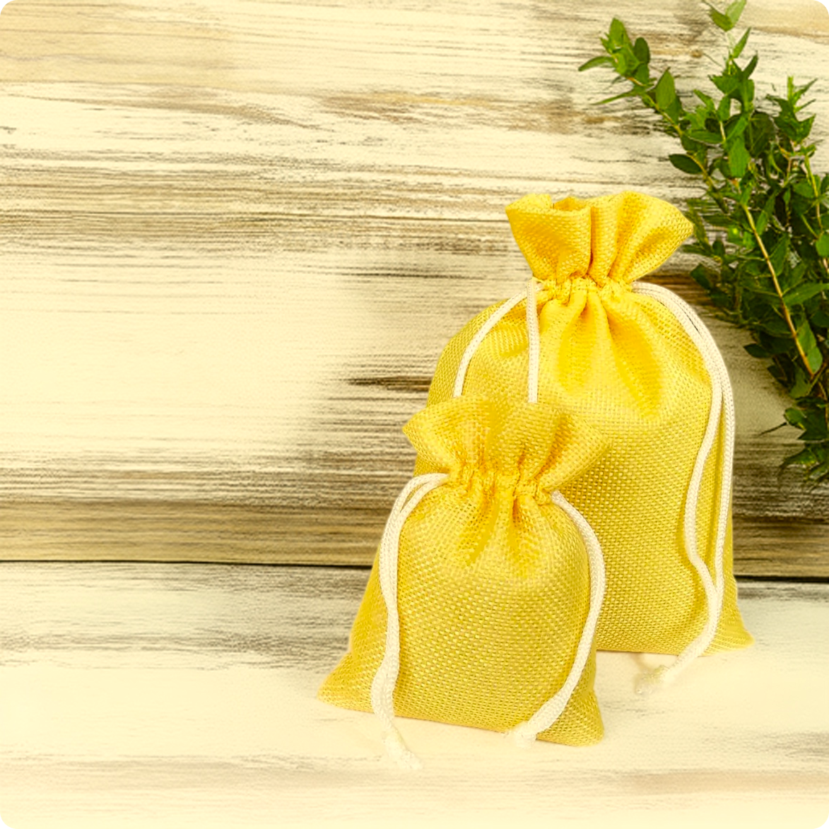 Jute Linen Pouches with White Drawstring, Birthday Favor Bags - Yellow
