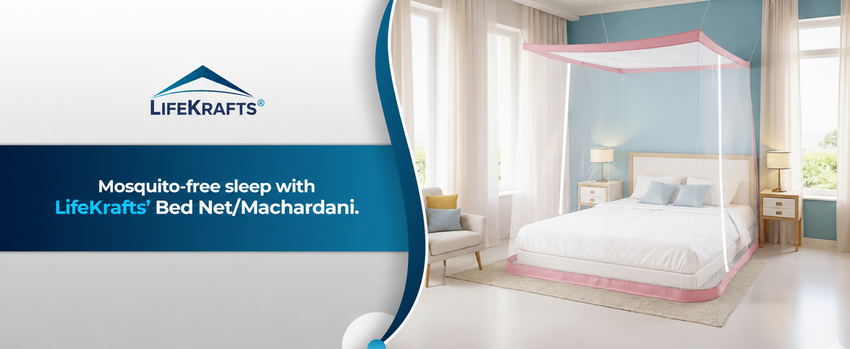 Mosquito Net for Bed - Hanging Bed Net - Polyester - Machardani - Double Zipper Entry - Elegant White with Peach Border