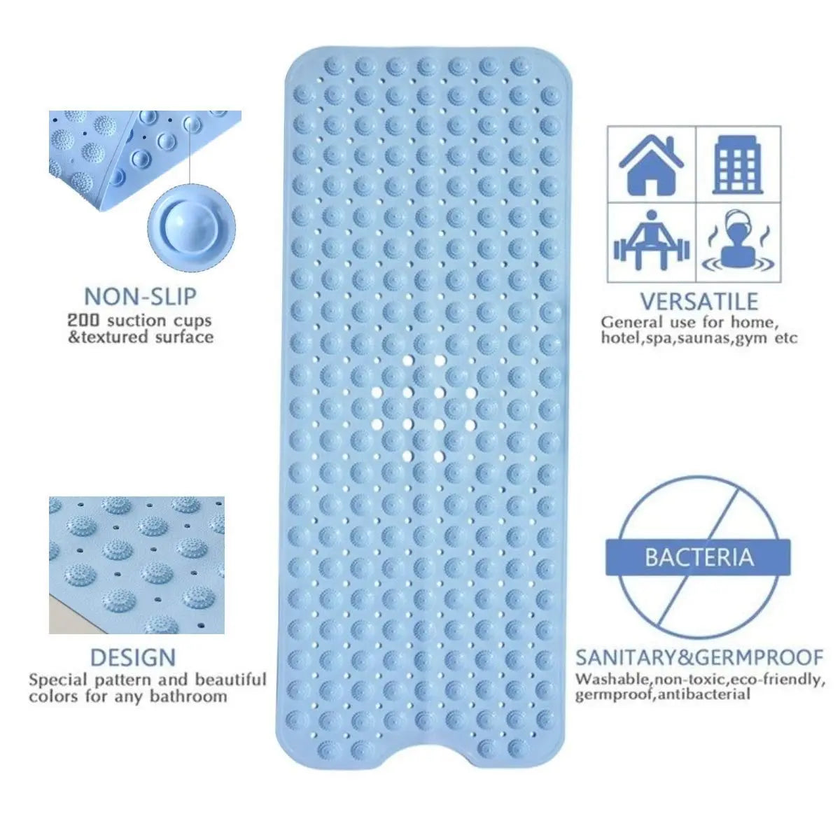 Experia Anti Slip Bath Mat with Suction Cup - 100 X 40 CM (Blue Color with Accu Pebble) LifeKrafts