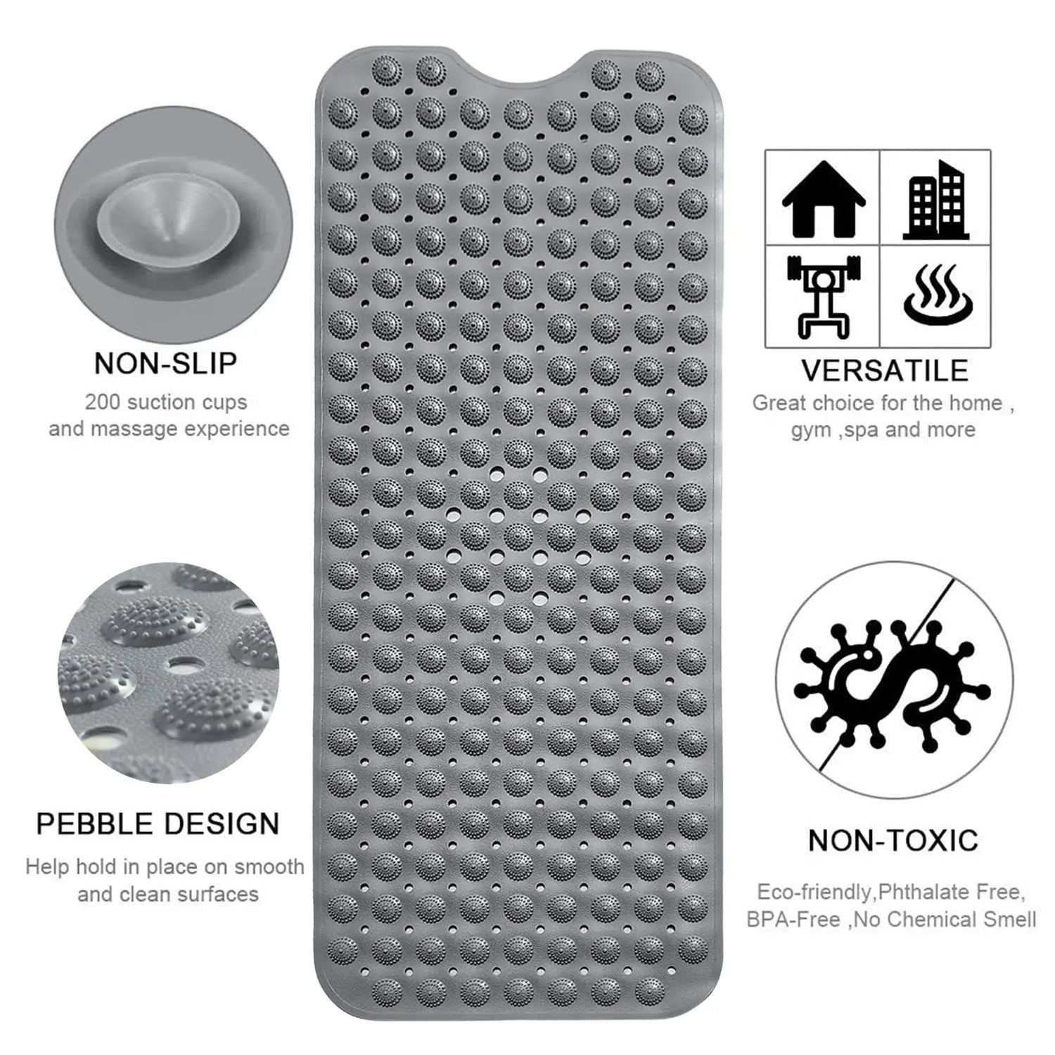 Experia Anti Slip Bath Mat with Suction Cup - 100 x 40 cm (Grey Color With Accu Pebble) LifeKrafts