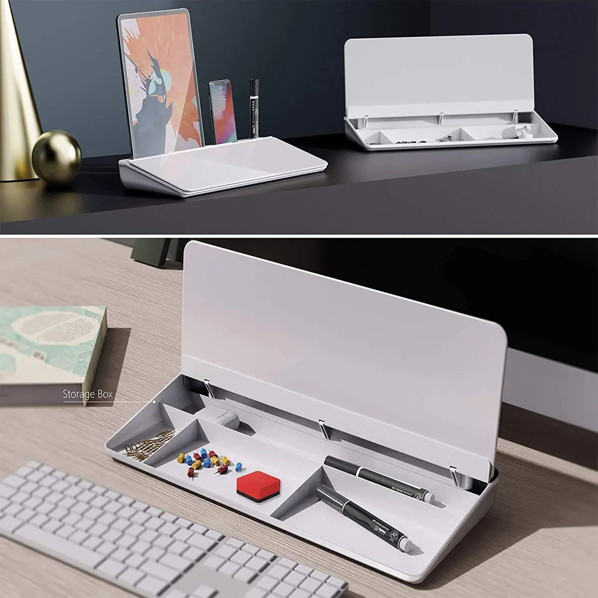 Glass Desktop Table Top Board, (18 x 6 inches) Non Magnetic White Board with bottom storage,non magnetic whiteboard LifeKrafts