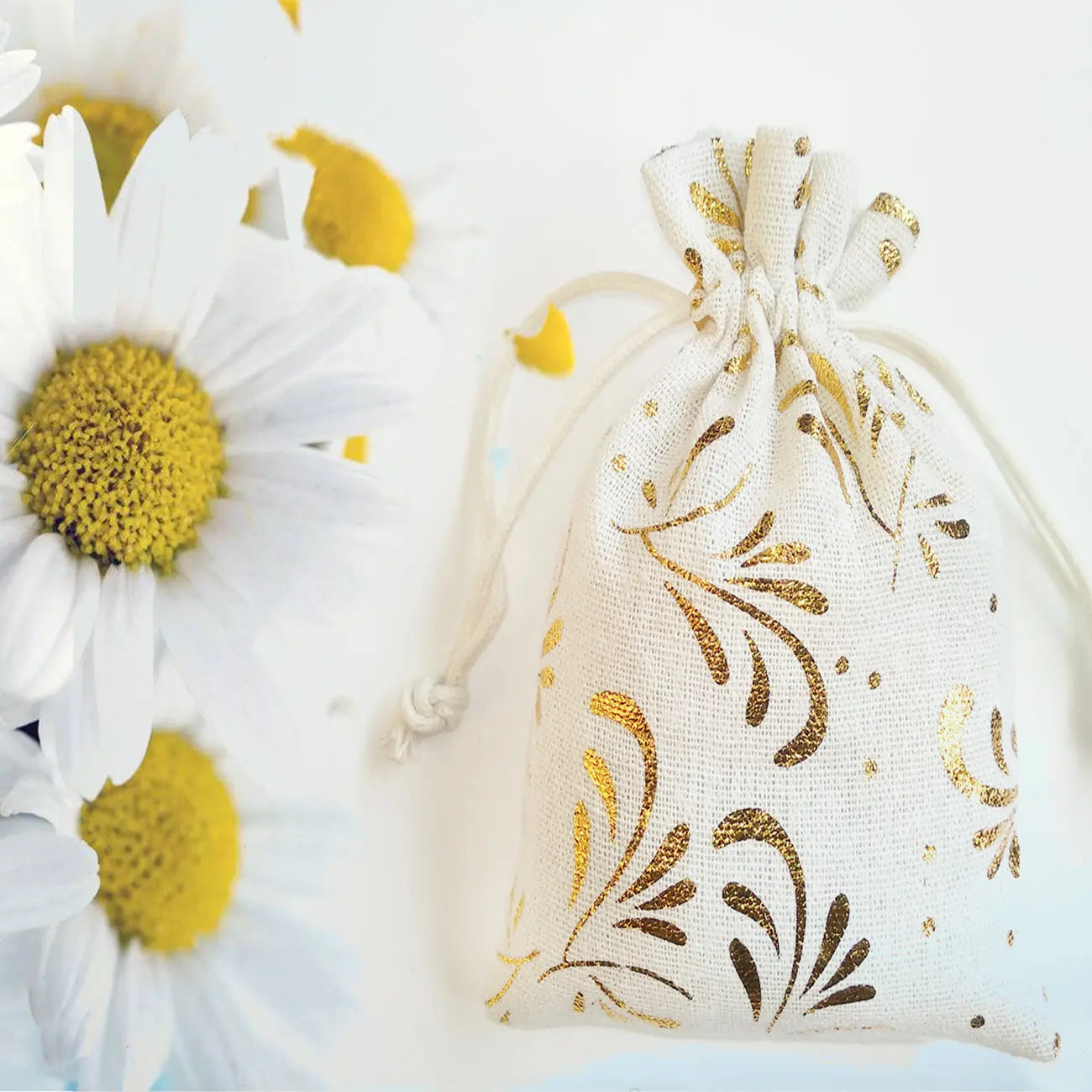 Natural Cotton Printed Drawstring Gift Pouches, Return Gift Bags